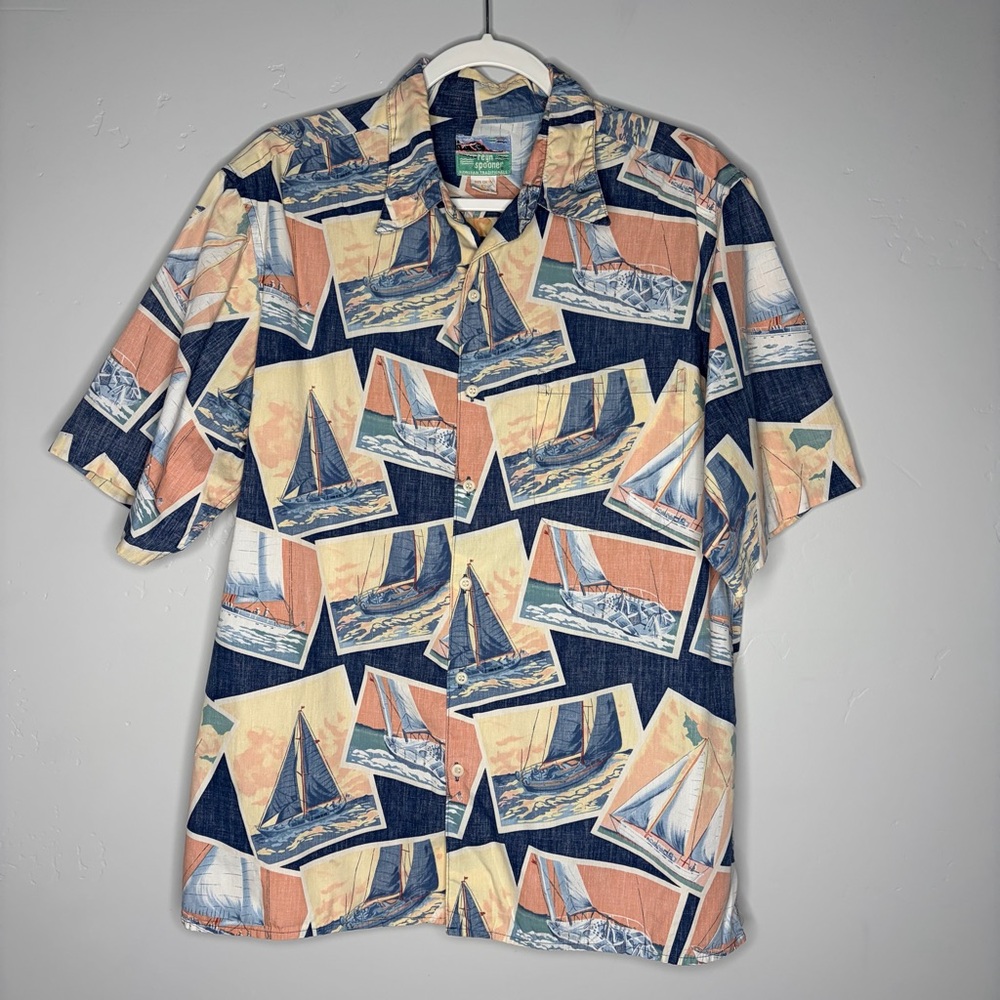 Reyn Spooner 90’s Vintage Sail Boat Hawaiian Shirt Large Button Up‎